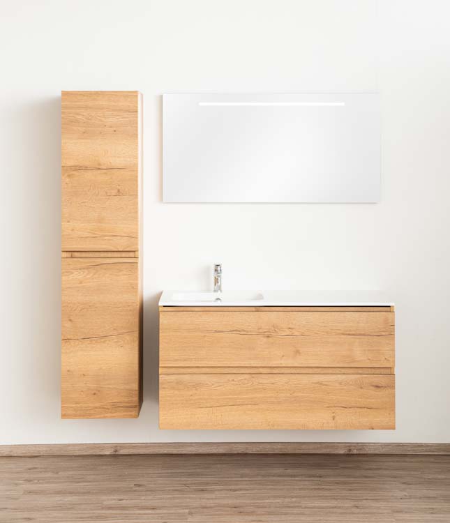 Meuble de salle de bains Daria chêne brun doré suspendu avec lavabo simple à gauche blanc brillant 120cm