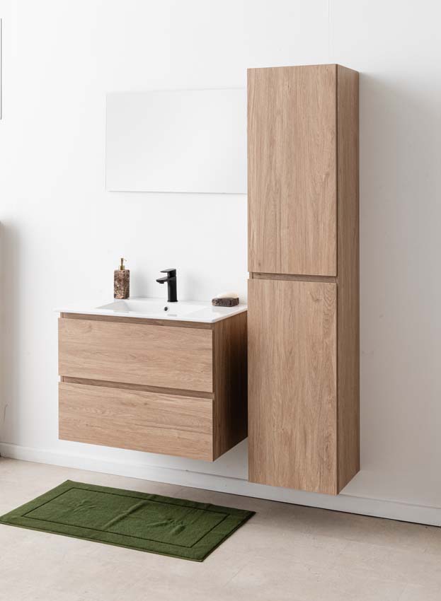 Meuble de salle de bains Bianca chêne suspendu avec lavabo simple blanc brillant 80cm