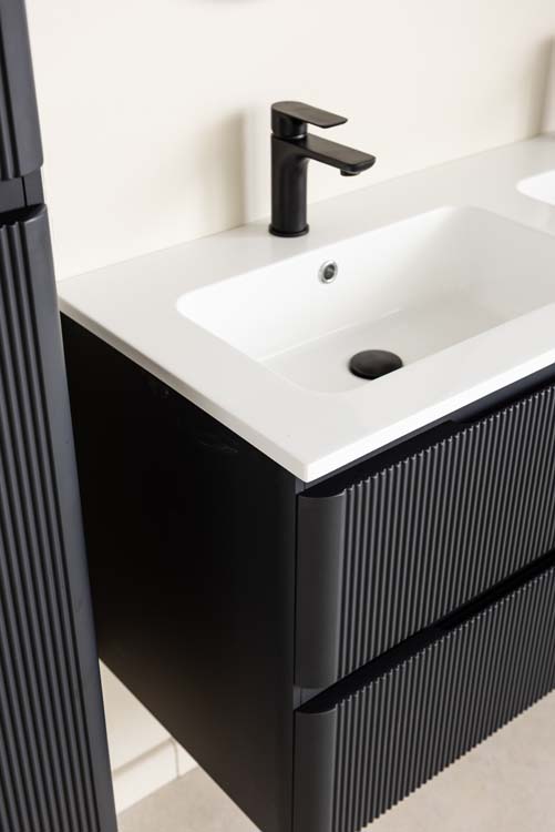 Meuble de salle de bains Julia noir mat suspendu avec lavabo double blanc brillant 120cm
