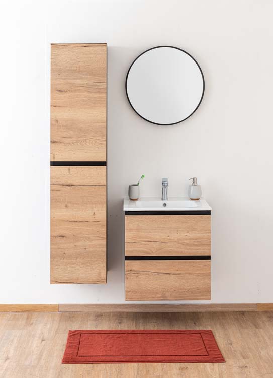 Badkamermeubel Dotan eik hangend met enkele porseleinen wastafel glanzend wit 60cm