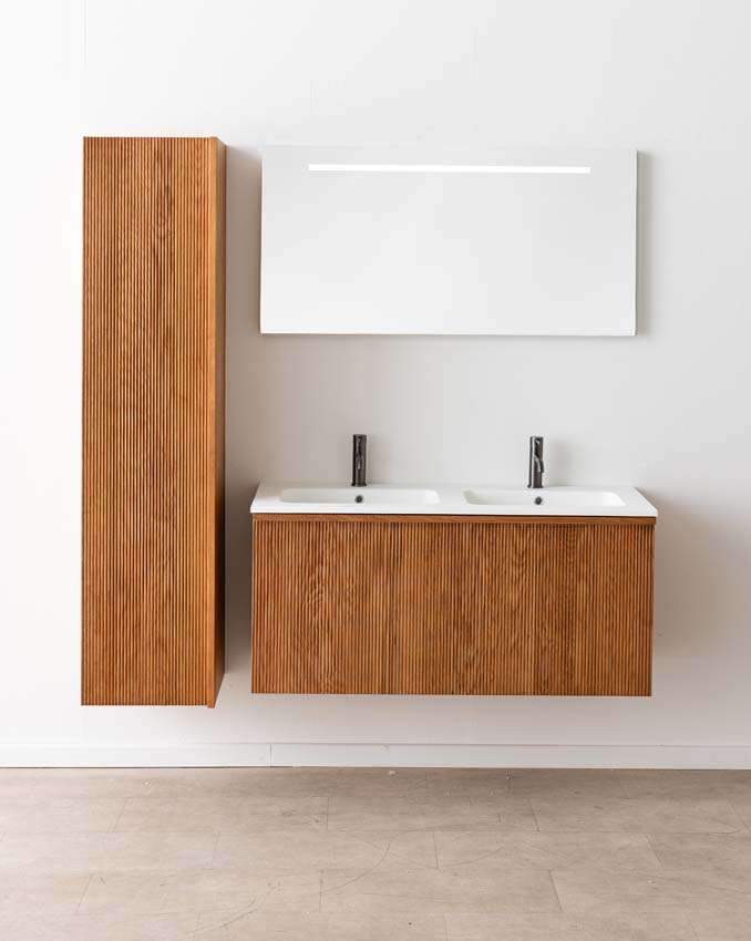 Badkamermeubel Fae eik hangend met dubbele wastafel mat wit 120cm