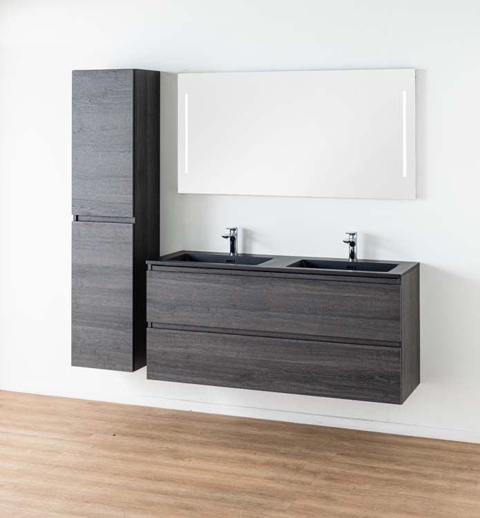 Meuble de salle de bains Dotan chêne foncé suspendu avec lavabo double noir mat 140cm