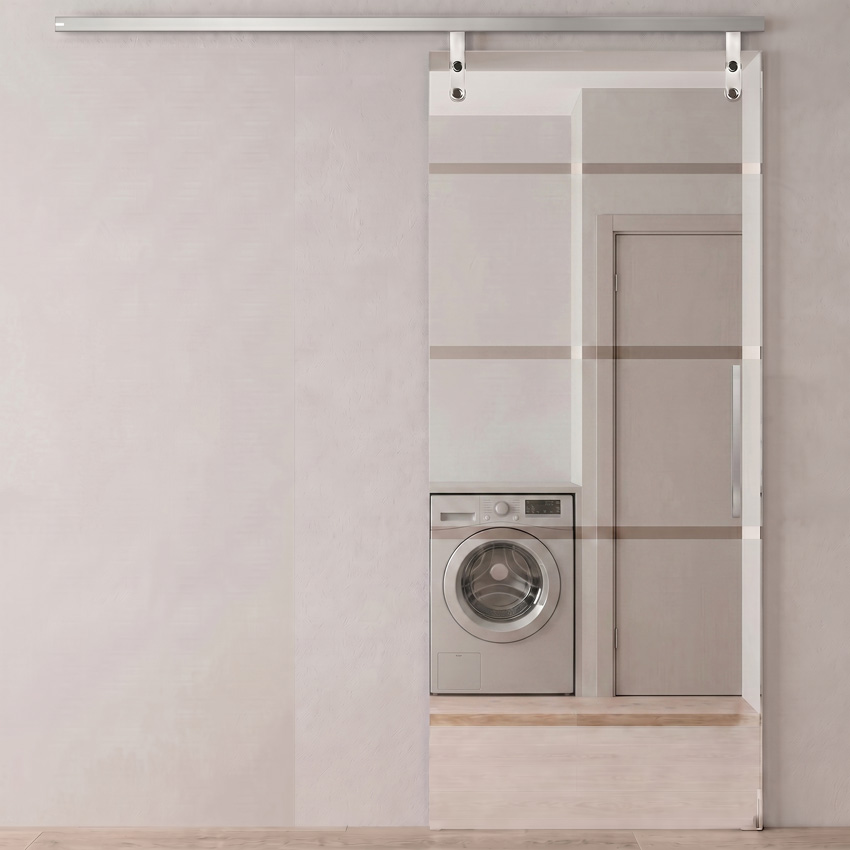Complete glazen schuifdeur Sky Dusk mat + 4 lijnen helder 83x215cm inox vierkante trekker + rail aluminium