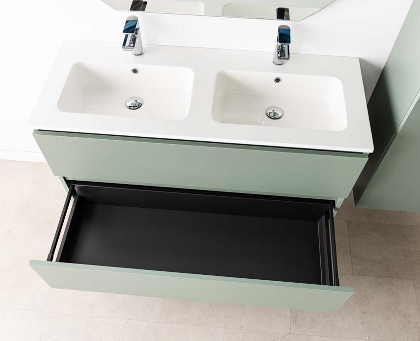 Meuble de salle de bain Dotan eucalyptus vert avec double lavabo blanc brillant 120cm