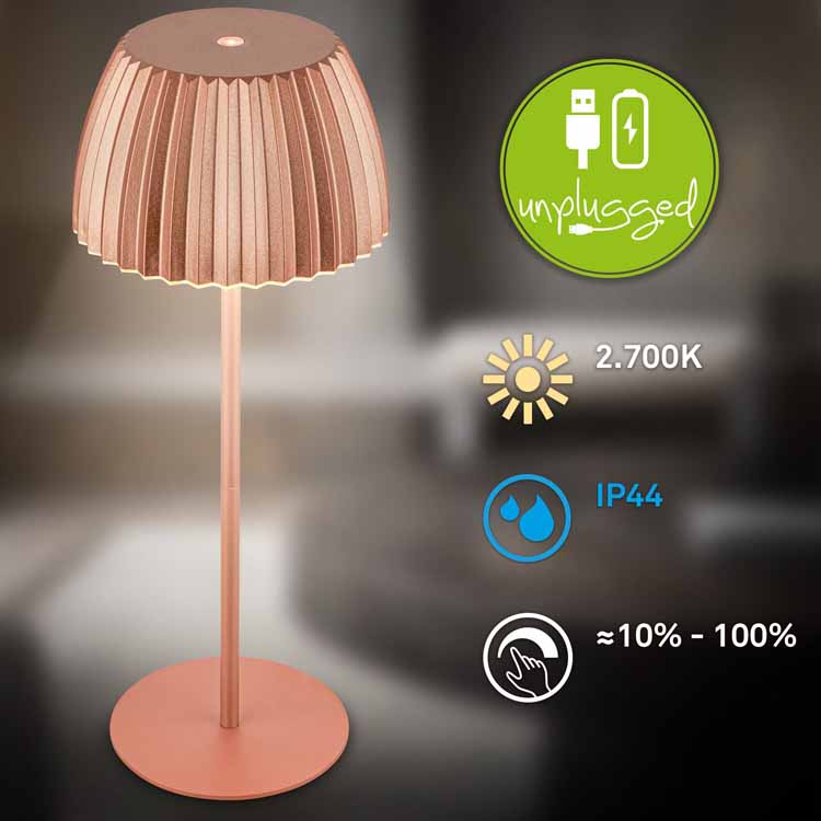 Lampe de table Veluna - cuivre - 36.5cm - dimmable - LED - 2W - 2700K - IP44 - USB