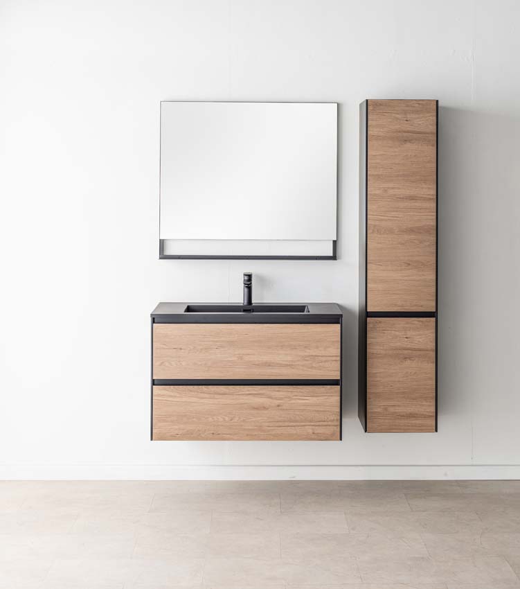 Badkamermeubel Molly houtlook hangend met enkele wastafel mat zwart 90cm Badkamermeubel Molly houtlook hangend met enkele wastafel mat zwart 90cm