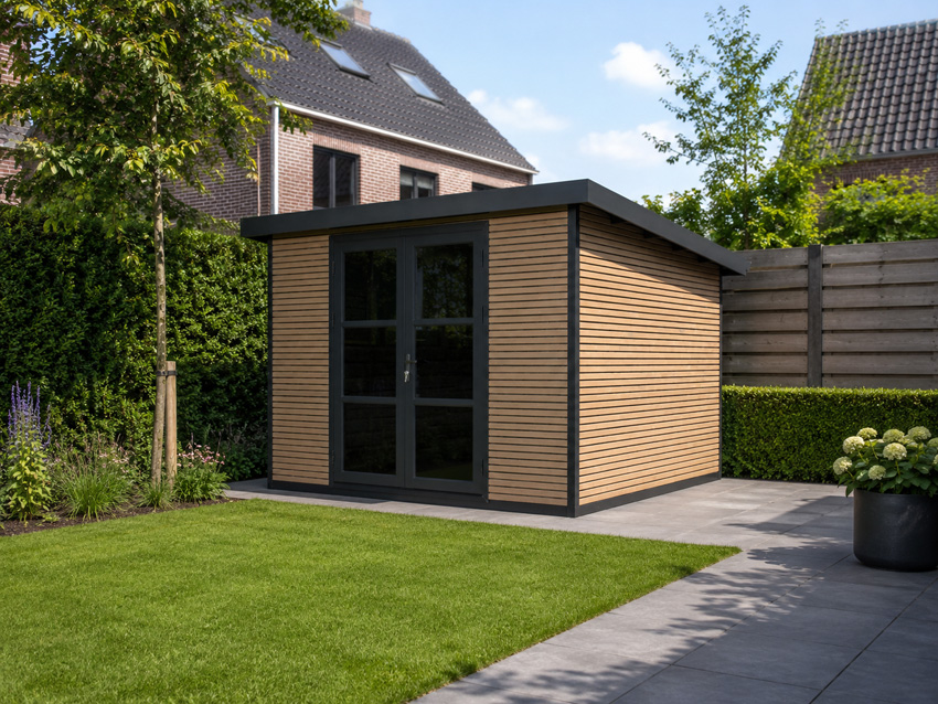 Abri de jardin Yasmine L en bois composite stone grey/sandstone 290x290cm double porte