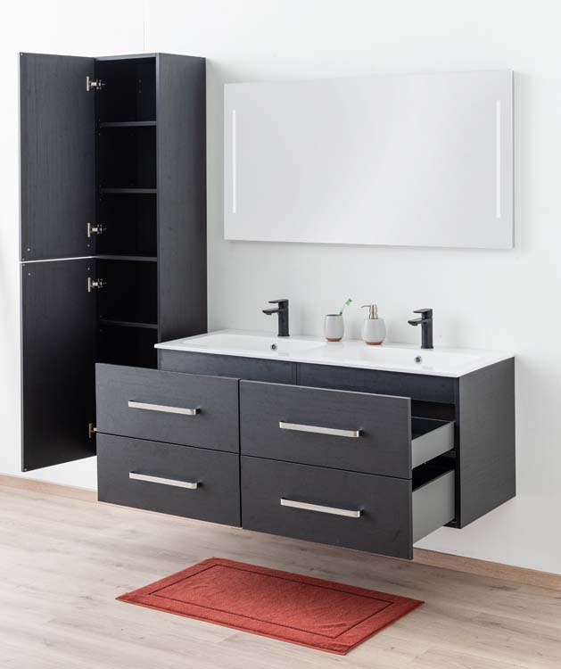 Meuble de salle de bains Plato noir suspendu avec lavabo double blanc brillant et poignées chromées 140cm