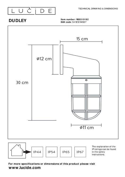 DUDLEY Buiten Wandlamp Down IP44 E27/60W Mat goud