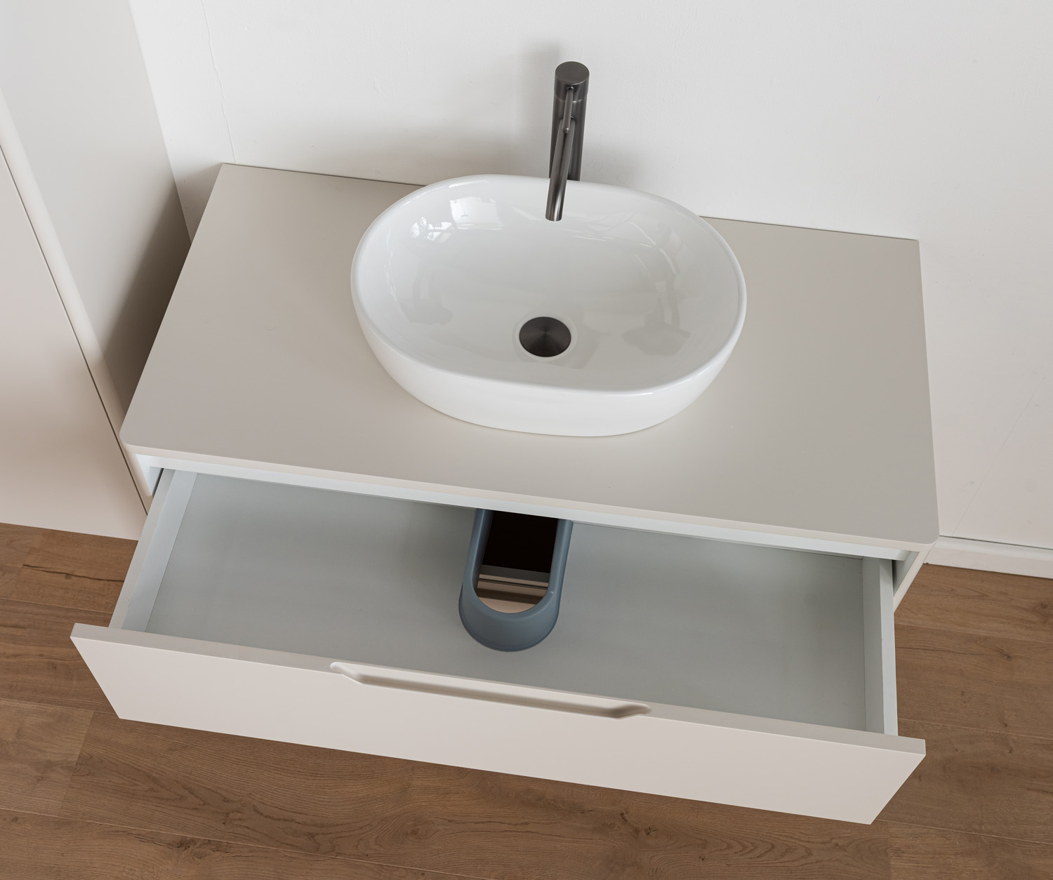 Meuble de salle de bains Billie beige avec vasque à poser blanc brillant 100cm