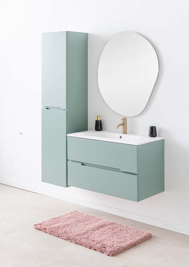 Meuble de salle de bains Truman vert gris suspendu avec lavabo simple blanc mat 90cm