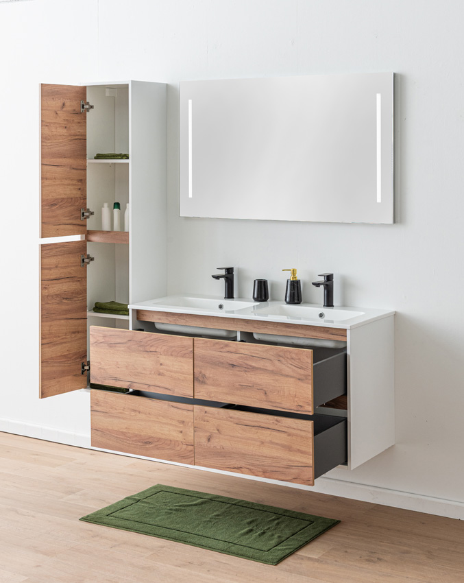 Meuble de salle de bains Treviso chêne/blanc avec double lavabo blanc brillant 120cm