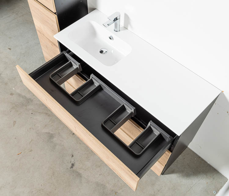Meuble de salle de bain Dotan chêne/noir 1200 mm sur pied lavabo brillant gauche