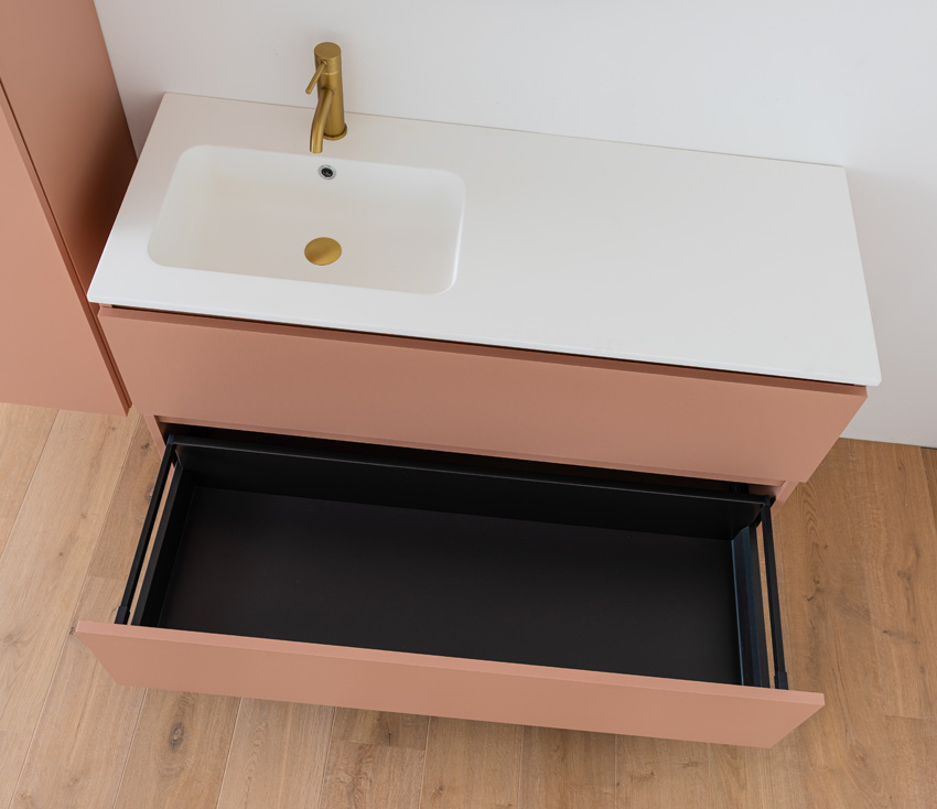 Badkamermeubel Dotan abrikoos hangend met enkele wastafel links mat wit 120cm