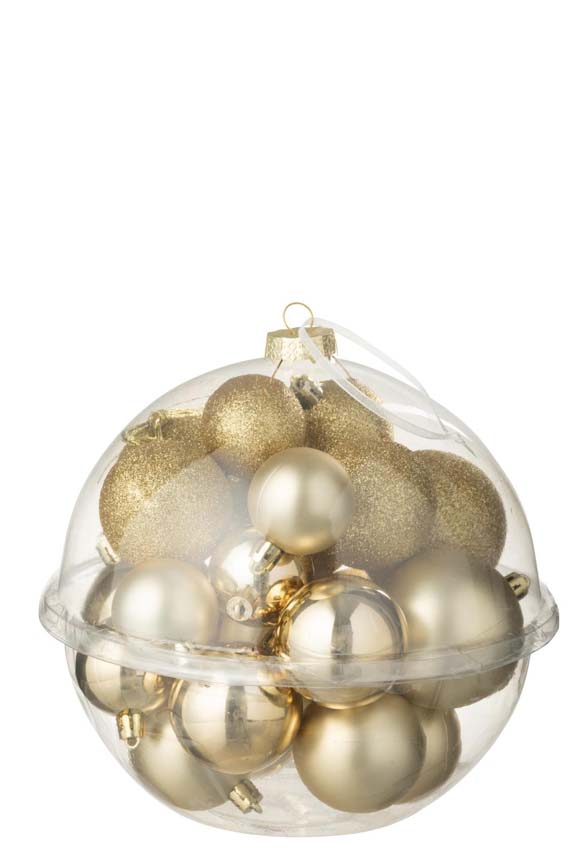 Boules de Noël dorées dans boule transparente 20x20x20cm