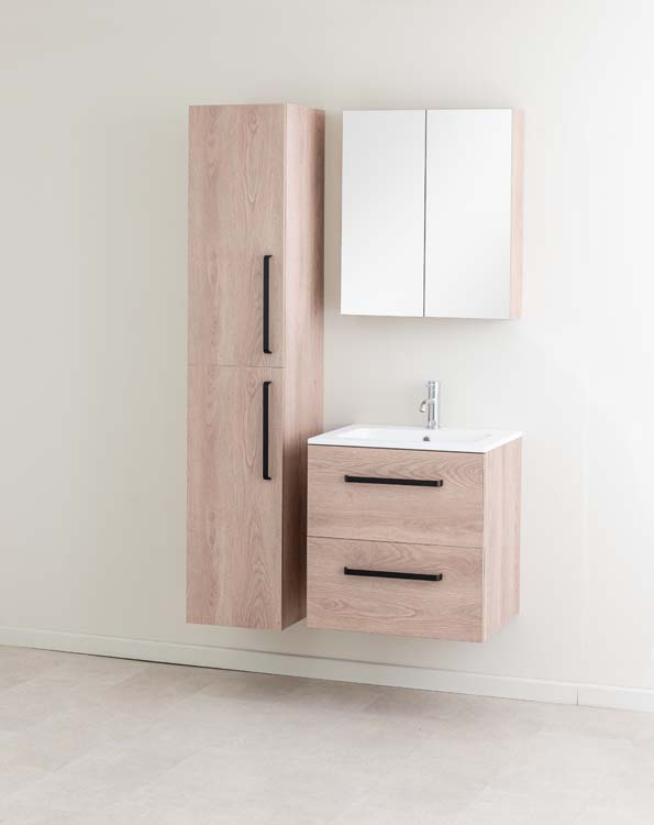 Badkamermeubel Bison eik hangend met enkele wastafel mat wit 60cm