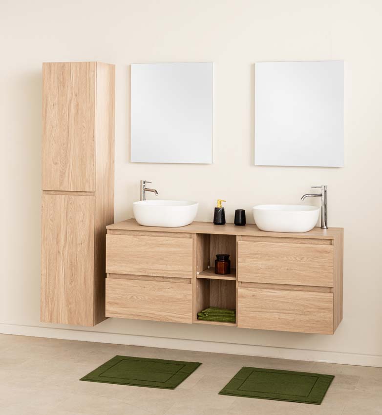 Meuble de salle de bains Bella chêne suspendu avec double vasque à poser blanc mat 150cm