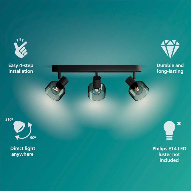 Spot plafond/mur - verre court - dimmable - E14 - 3x25W - lampe excl - noir