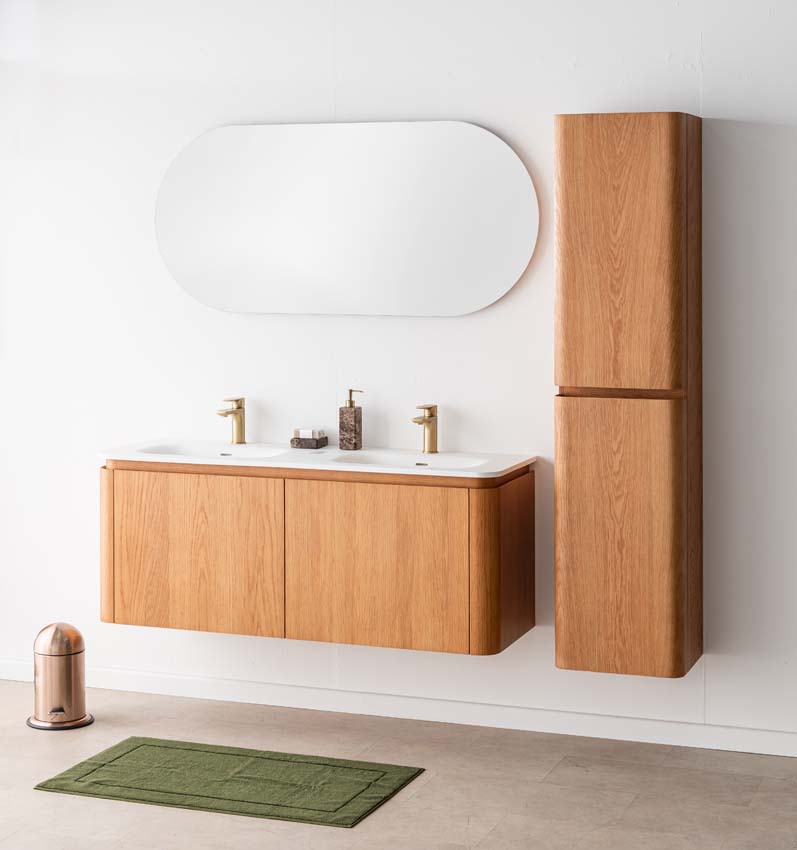 Badkamermeubel Floris eik hangend met dubbele wastafel mat wit 140cm Badkamermeubel Floris eik hangend met dubbele wastafel mat wit 140cm