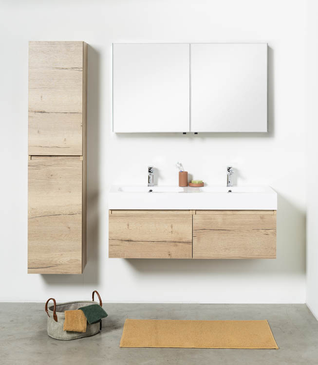 Meuble salle de bain aspect chêne Domino 1200 mm  lavabo brillant