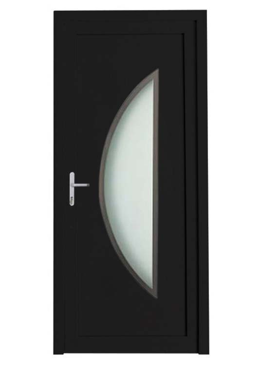 Porte extérieure demi-lune bordure inox PVC verre mat noir sur mesure ouvrant à gauche