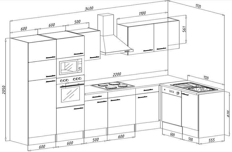 Cuisine d'angle blanche/chêne foncé 340x172cm - avec appareils - plaque de cuisson vitrocéramique et hotte murale blanche