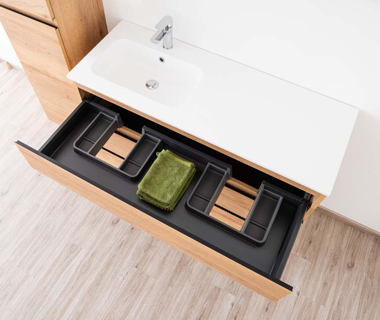 Meuble de salle de bain Daria chêne brun doré 1200 mm sur pied lavabo brillant gauche