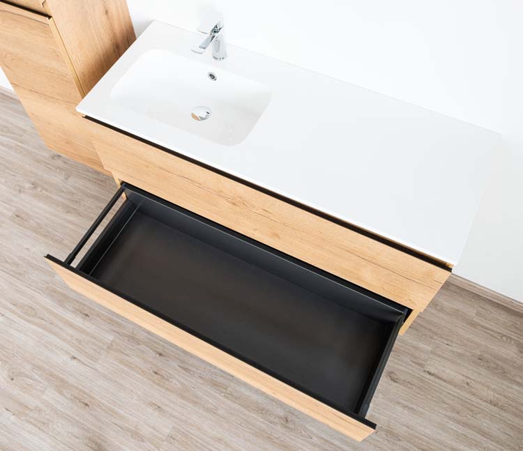 Meuble de salle de bains Daria chêne brun doré suspendu avec lavabo simple à gauche blanc brillant 120cm