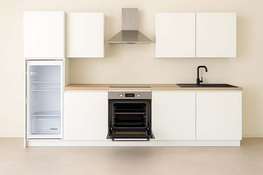 Cuisine Plenti 270 cm - four en bas - sans appareils - blanc/look de chêne