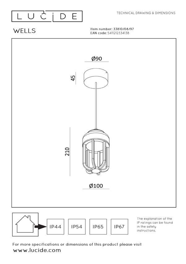 Lucide Essential Wells - Suspension intérieur/extérieur - Ø10cm - LED - 1x8W 2700K - IP54 - Brun rouille