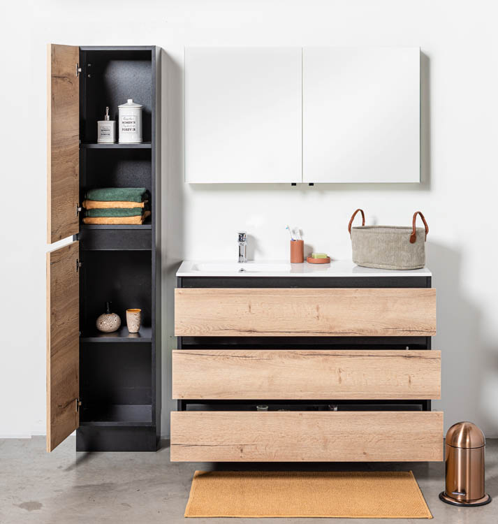 Meuble de salle de bains Dotan chêne sur pied avec lavabo simple à gauche blanc brillant 120cm