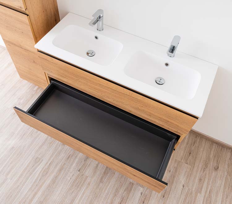 Meuble de salle de bains Daria chêne brun doré sur pied avec lavabo double blanc mat 120cm