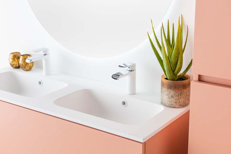Badkamermeubel Puro blush hangend met dubbele wastafel mat wit 120cm