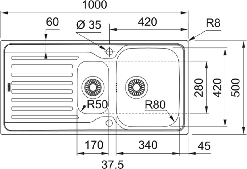 Spoelbak Franke Antea inox 1,5 bak 100x50cm