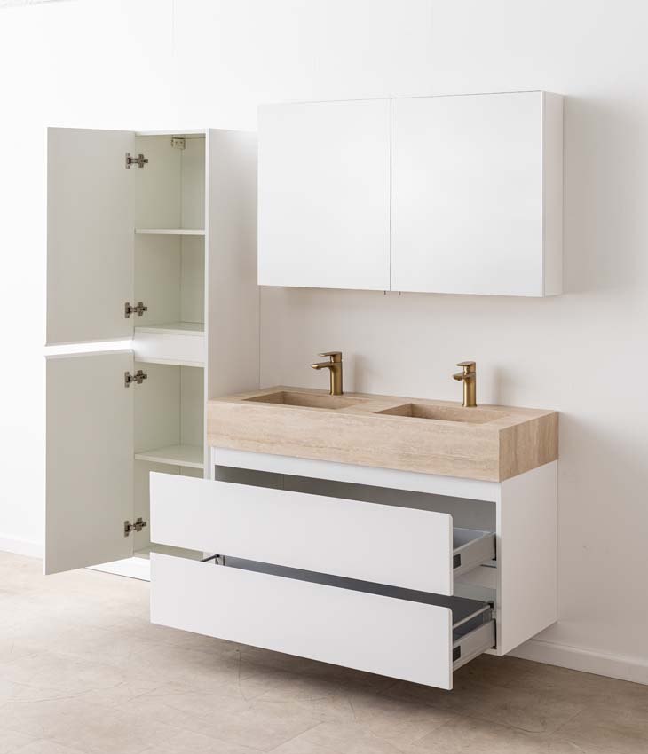 Badkamermeubel Tibo wit met dubbele brede wastafel travertinlook 120cm
