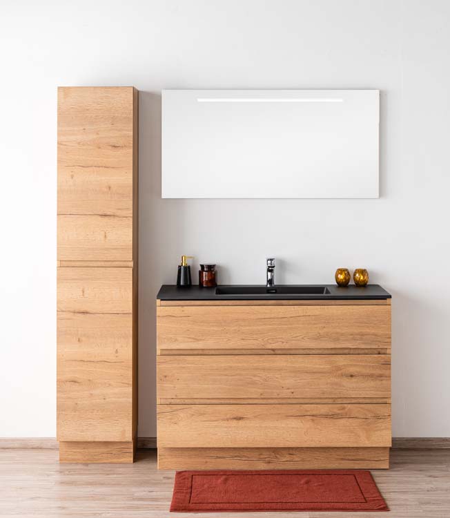 Badkamermeubel Daria eik goudbruin staand met enkele wastafel mat zwart 120cm Badkamermeubel Daria eik goudbruin staand met enkele wastafel mat zwart 120cm