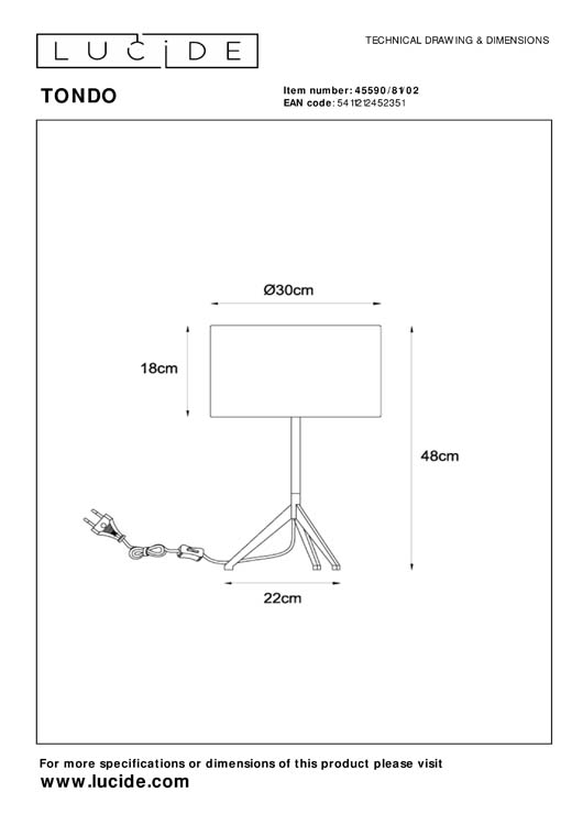 Lucide TONDO - Lampe de table - Ø 30 cm - 1xE27 - Or Mat / Laiton