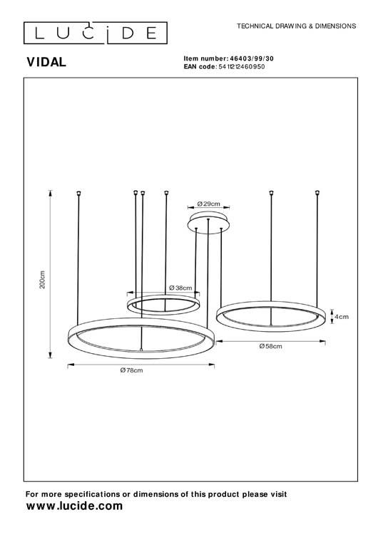 Lucide VIDAL - Hanglamp - Ø 78 cm - LED Dimb. - 1x120W 2700K - Zwart
