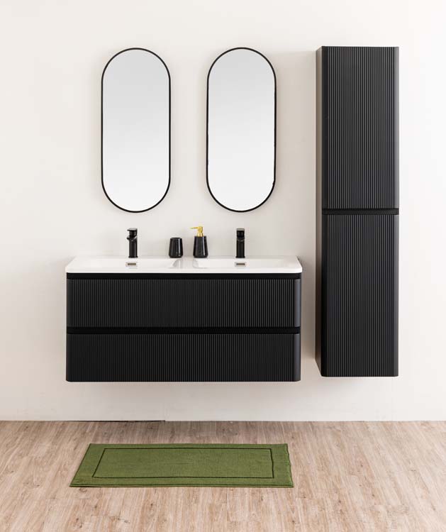 Meuble de salle de bains Julia noir mat suspendu avec lavabo double en marbre minéral blanc brillant 120cm