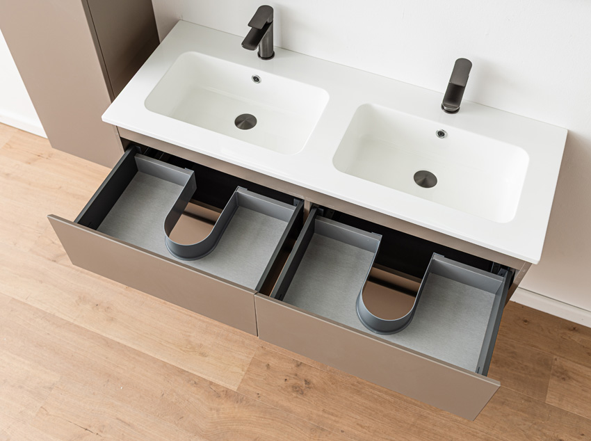 Badkamermeubel Trente taupe met dubbele wastafel glanzend wit 120cm