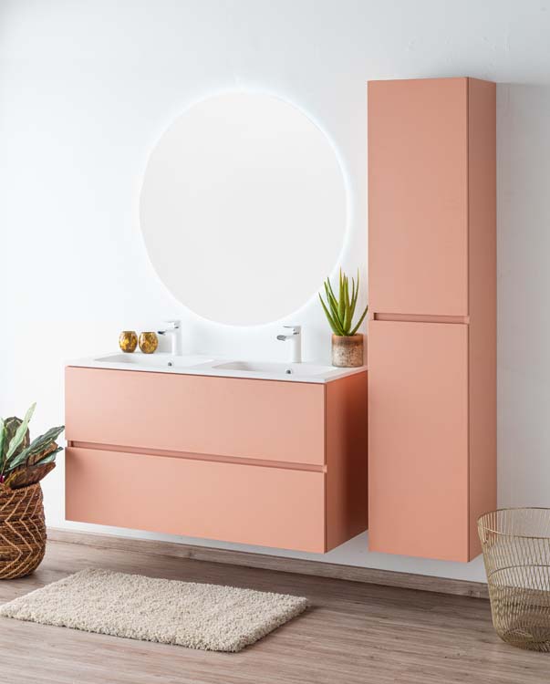 Badkamermeubel Puro blush hangend met dubbele wastafel mat wit 120cm