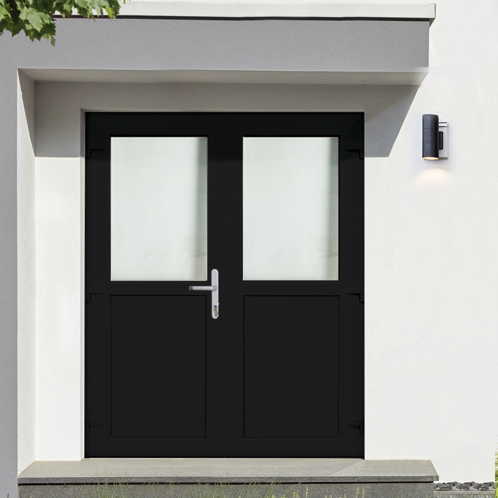 Porte extérieure double semi-vitrée PVC verre mat noir 1800x2100mm ouvrant à gauche ouvrant vers lextérieur