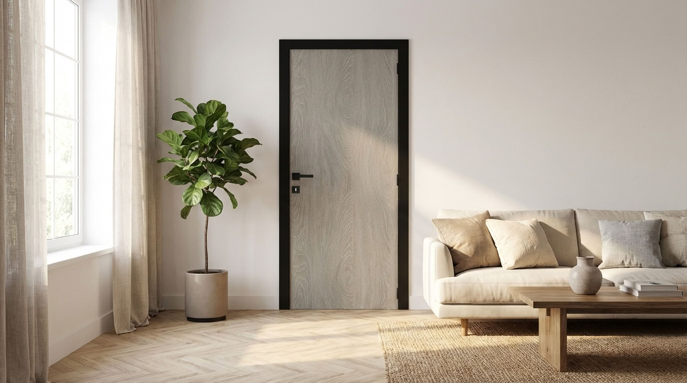 Porte intérieure complète Uran Grey Oak 201,5x78cm alvéolaire réversible + châssis noir 16,5cm