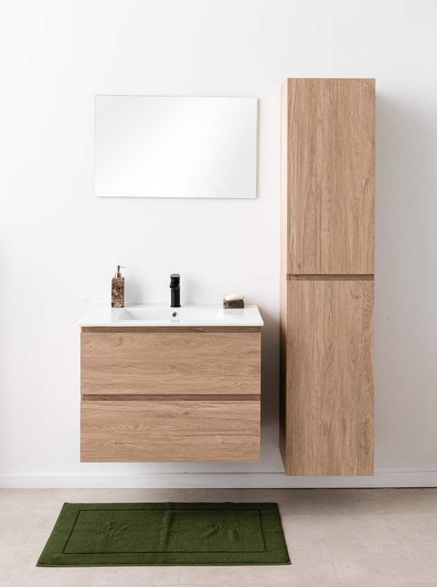 Meuble de salle de bains Bianca chêne suspendu avec lavabo simple blanc brillant 80cm