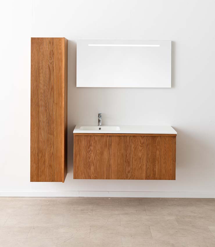 Meuble de salle de bain Fae chêne suspendu avec vasque simple blanc brillant 120cm