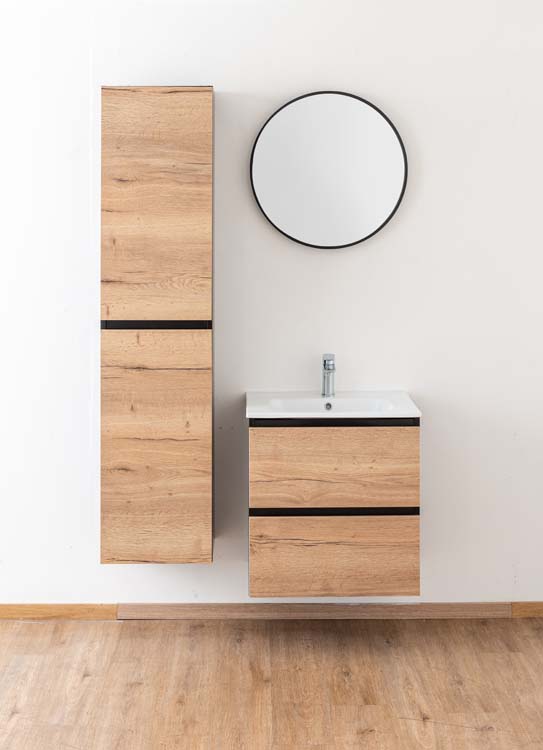 Badkamermeubel Dotan eik hangend met enkele porseleinen wastafel glanzend wit 60cm