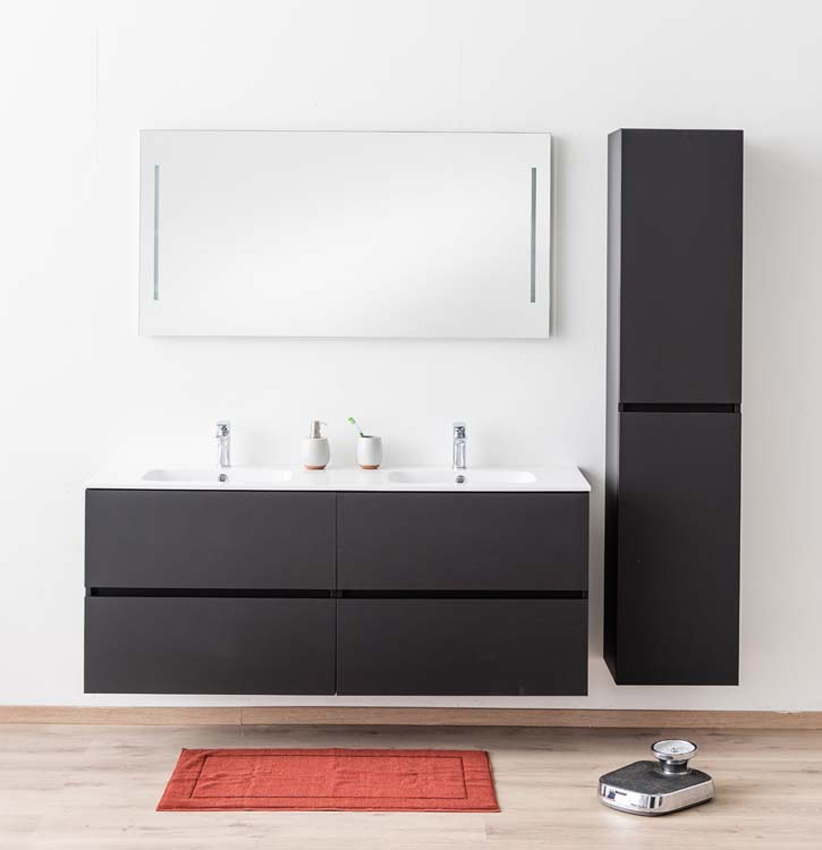Meuble de salle de bains Puro noir mat suspendu avec lavabo double blanc brillant 160cm