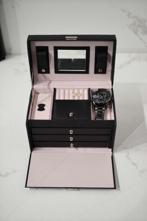 Boîte à bijoux en simili-cuir noir 3 tiroirs