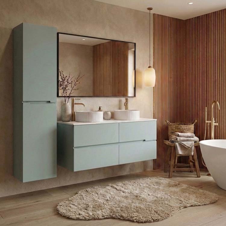 Badkamermeubel Truman grijsgroen hangend met dubbele opbouwkom mat wit 120cm