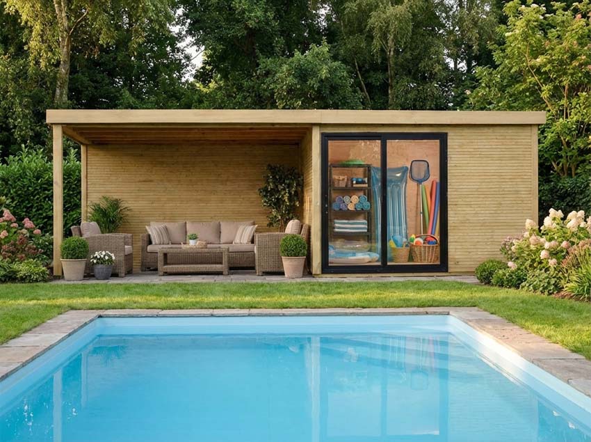 Tuinstudio Harper L + terras vurenhout naturel 800x304x227cm schuifdeur